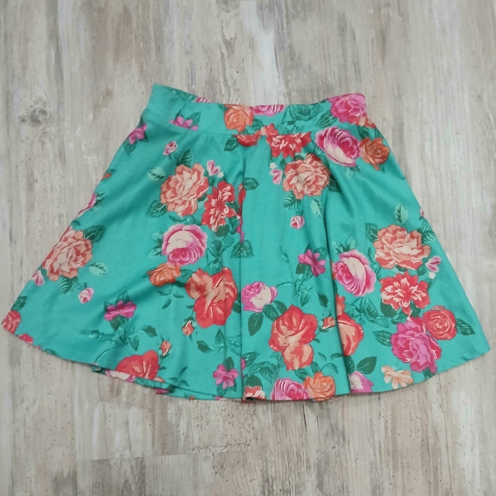 Floral Teal Skater Skirt Pink Rose Print Women's Small Mini Skirt A-Line